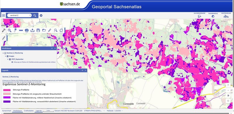 Nutzung der Sentinel-2-Monitoringergebnisse als WMS im Web-GIS-FGIS_online bei Sachsenforst.