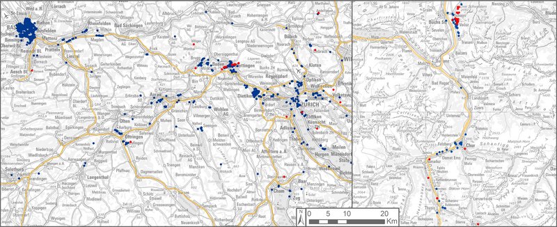 Carte de répartition de l'ailante en Suisse