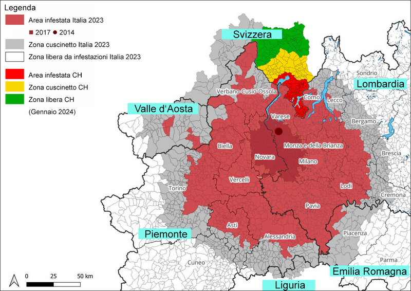 Mappa di distribuzione del coleottero giapponese nell'Italia settentrionale e nella Svizzera meridionale (fine 2023)