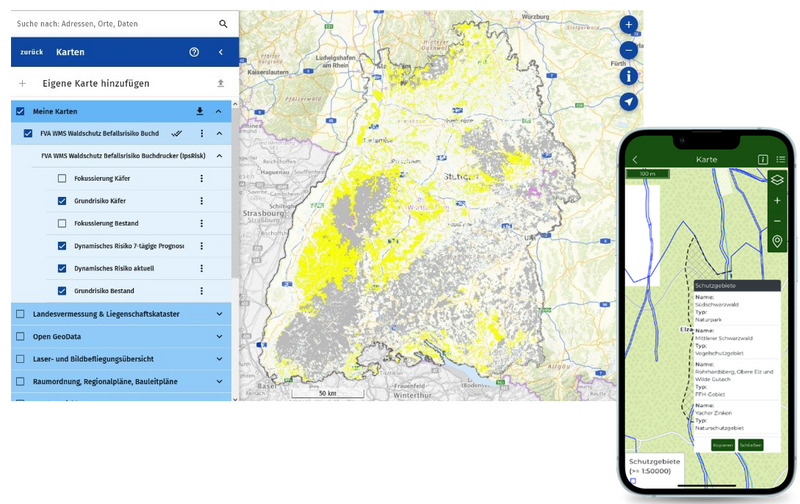 Fig. 8: The provision of the model output as WMS enables integration, for example, into the public geoportal of Baden-Württemberg (top, IpsRisk layers displayed) as well as various forest-specific applications such as WaldExpert (right) (Image sources: www.geoportal-bw.de; https://waldexpert.waldportal-bw.de).