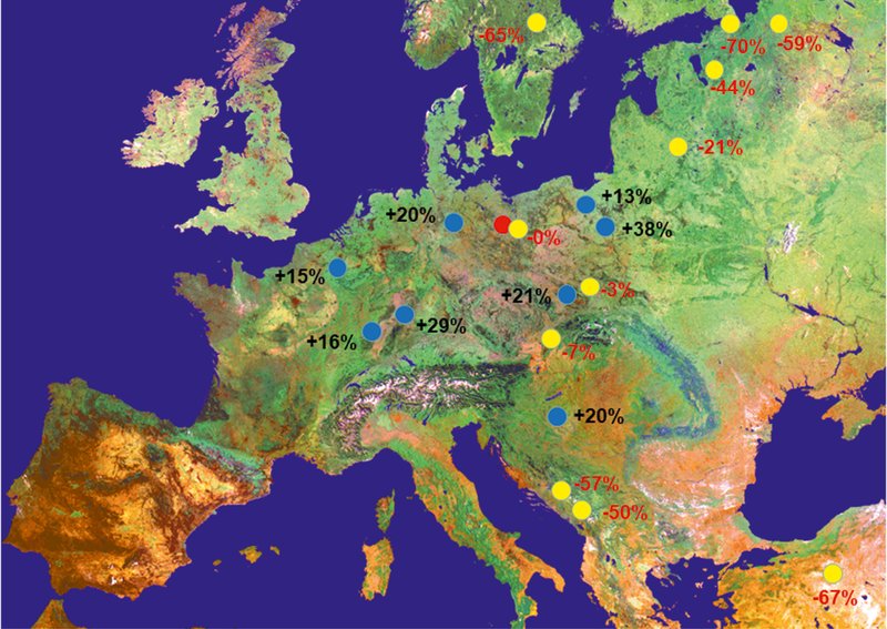 Luftbild von Europa mit farblich gekennzeichneten Herkünften der Kiefern im Bestand anhand des Schaftholzvolumens