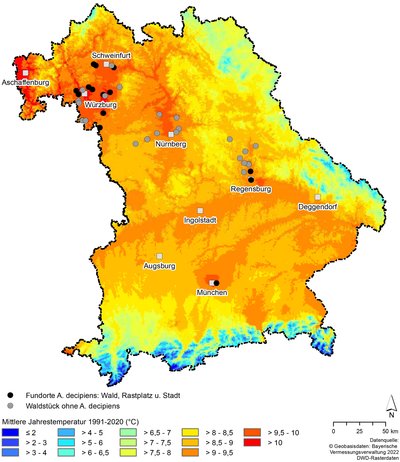 Bavaria map with average temperatures