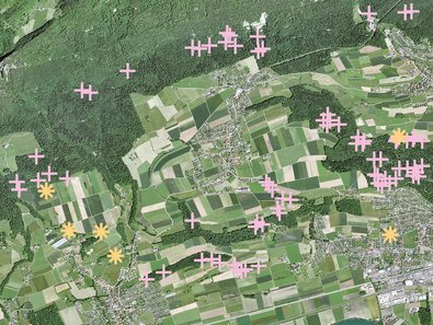 Photo aérienne (Swisstopo) des blocs erratiques