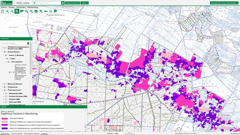 Nutzung der Sentinel-2-Monitoringergebnisse als WMS im Web-GIS-FGIS_online bei Sachsenforst.