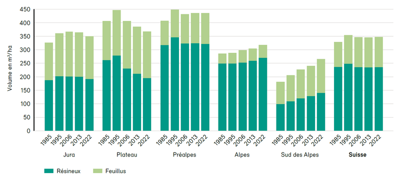 Évolution du volume de bois de feuillus et de résineux Évolution du volume de bois de feuillus et de résineux